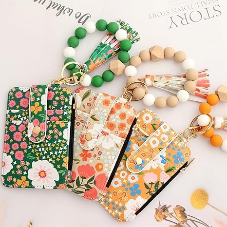 Women's Boho Beaded Tassel Keychain Wallet with Floral Pattern Wristlet