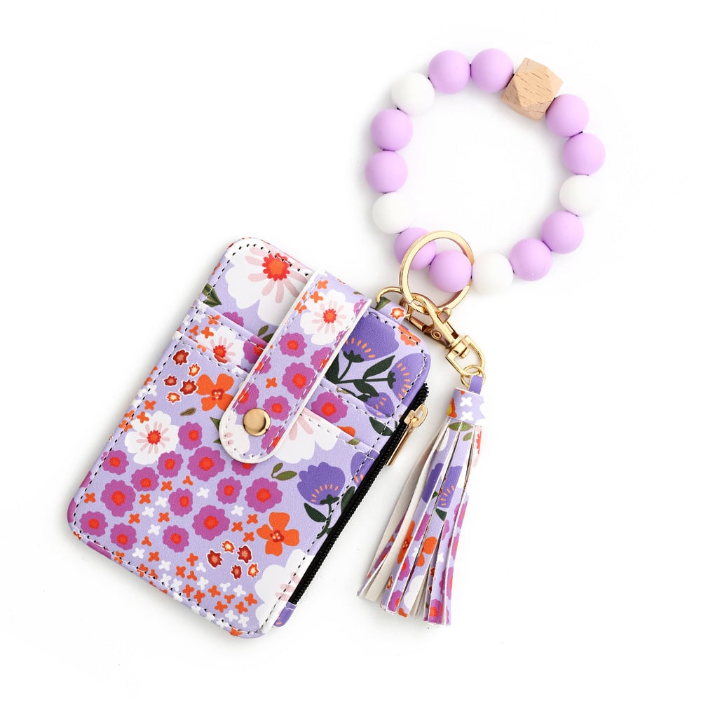 Women's Boho Beaded Tassel Keychain Wallet with Floral Pattern Wristlet