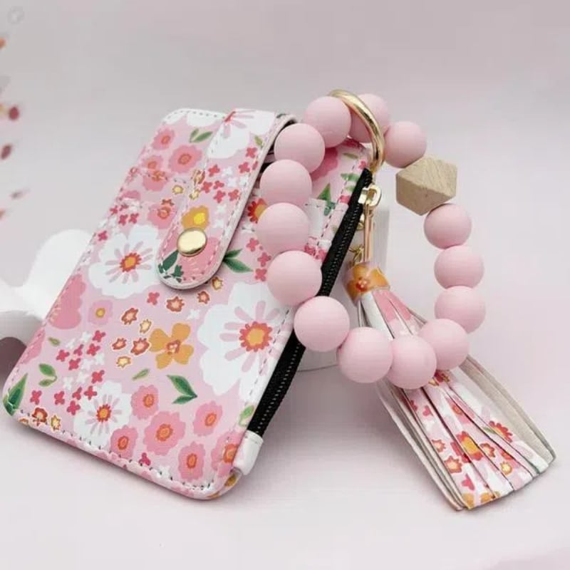 Women's Boho Beaded Tassel Keychain Wallet with Floral Pattern Wristlet