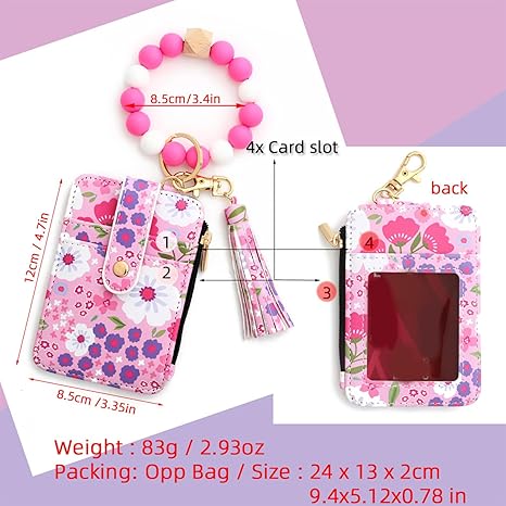 Women's Boho Beaded Tassel Keychain Wallet with Floral Pattern Wristlet