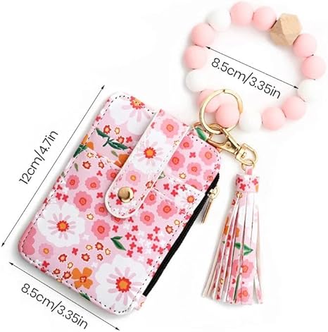 Women's Boho Beaded Tassel Keychain Wallet with Floral Pattern Wristlet