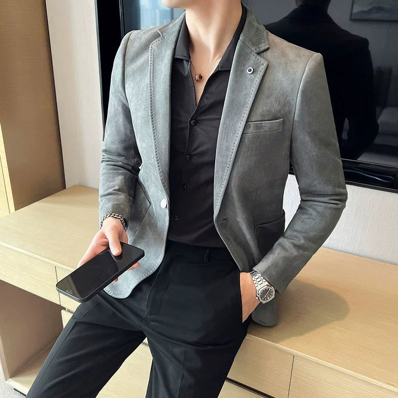 Men’s Slim Fit Deerskin Velvet Blazer – Elegant Luxury Suit Jacket