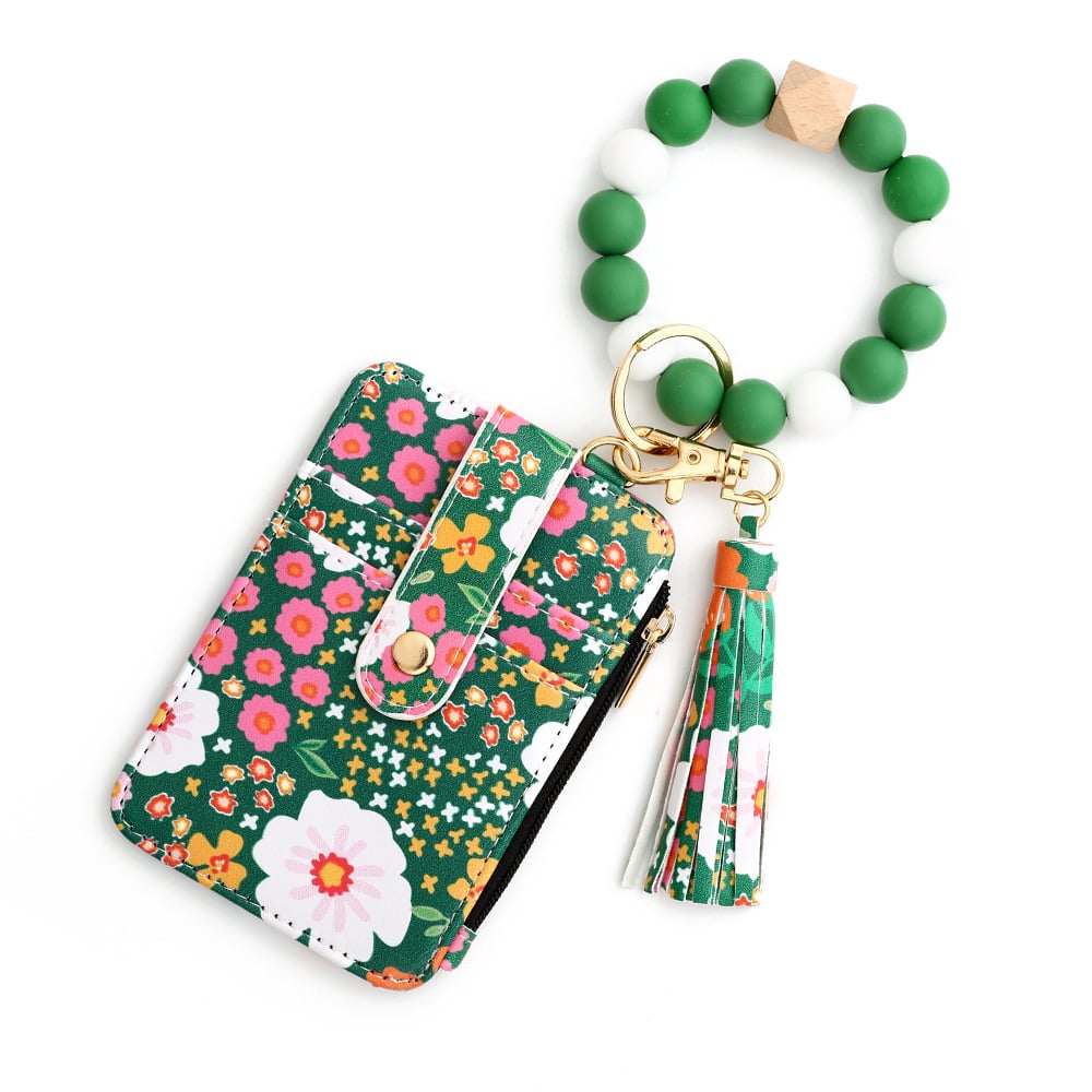 Women's Boho Beaded Tassel Keychain Wallet with Floral Pattern Wristlet