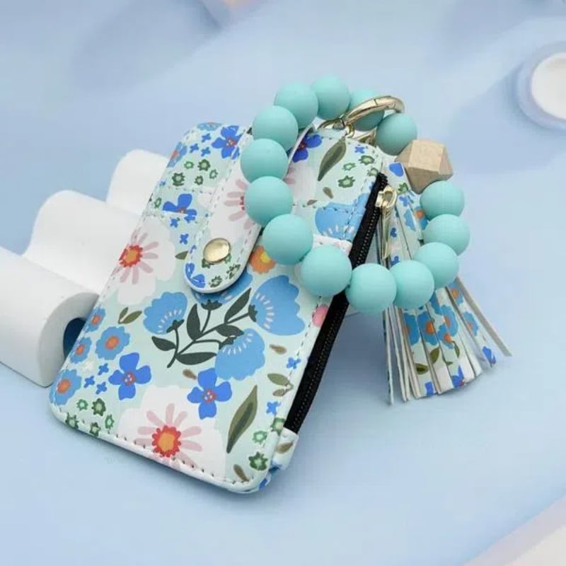Women's Boho Beaded Tassel Keychain Wallet with Floral Pattern Wristlet