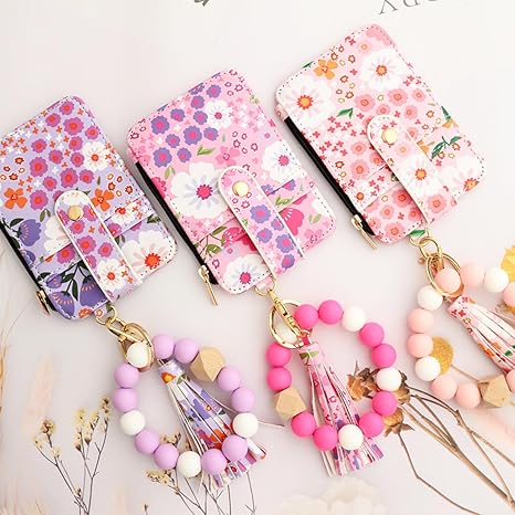 Women's Boho Beaded Tassel Keychain Wallet with Floral Pattern Wristlet