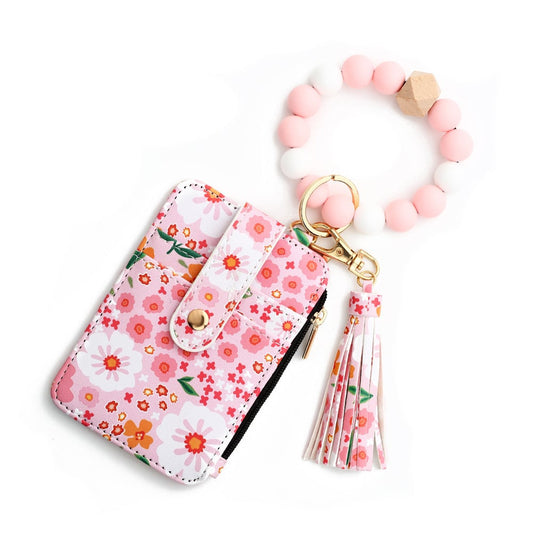 Women's Boho Beaded Tassel Keychain Wallet with Floral Pattern Wristlet